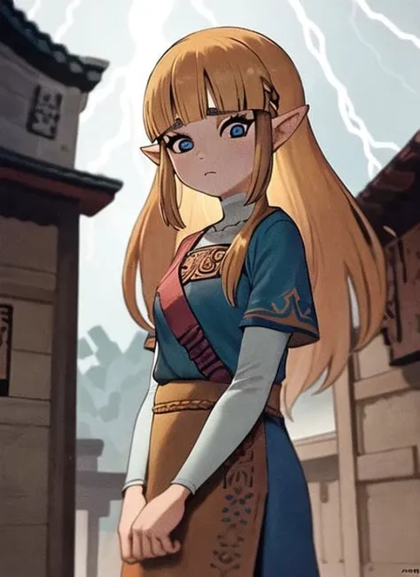 1girl, princess zelda, blonde, shrine, out of focus people in the background, detailed eyes, depth of field, cowboy shot, dynamic lighting, tree, thunder storm, sad, blue eyes