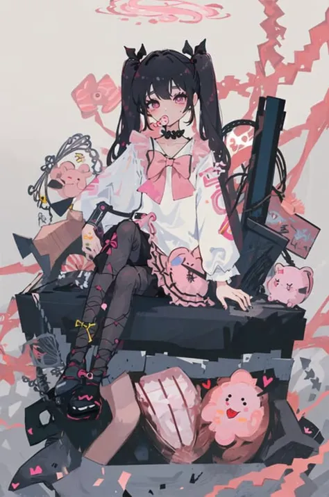 masterpiece, best quality, (jirai_kei),1girl, solo, long_hair, looking_at_viewer, shirt, black_hair, long_sleeves, bow, ribbon, twintails, sitting, monochrome, hair_bow, heart, pantyhose, frills, food, shoes, choker, blunt_bangs, black_skirt, pink_eyes, stuffed_toy, pink_background, stuffed_animal, frilled_skirt, pink_bow, (fishnets), candy, bandaid, pink_shirt, teddy_bear, lollipop, (fishnet_pantyhose), platform_footwear, pink_theme, pill, heart-shaped pupils, <lora:cutescrap05v_cutescrap3:0.6>