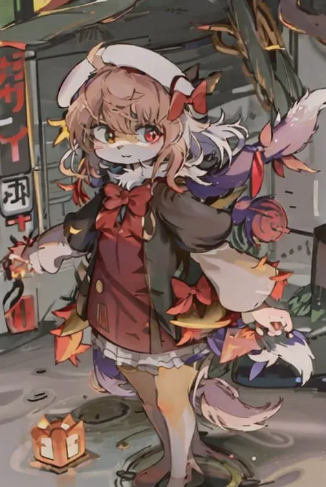 (best quality:1.5), solo, furry girl, fox, ahoge, ((white long hairs:1.2)), heterochromia, white fur, body fur, crucifixion, spread_arms, standing, red beret, (autumn, park, trees),
<lora:furryArtStyleBy_v10:0.9>,<lora:komowataHarukaChibiArt_v20:0.3>, <lora:ConceptCrucifixion_crucifixionv1000006:1>, <lora:cutescrap05v_cutescrap3:0.5>