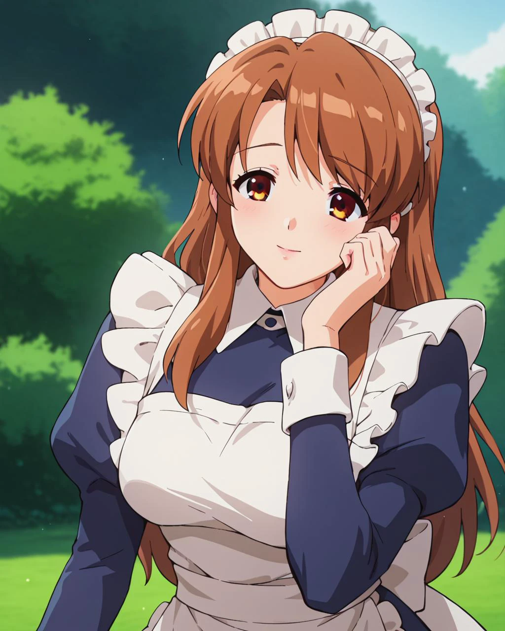 score_9, score_8_up, score_7_up, source_anime, BREAK solo, skyblue theme, flirting, <lora:mikuru-asahina-s1-ponyxl-lora-nochekaiser:0.8> mikuru asahina, long hair, brown hair, brown eyes,, skirt, (mature female:1.1), long sleeves, apron, maid, maid headdress,