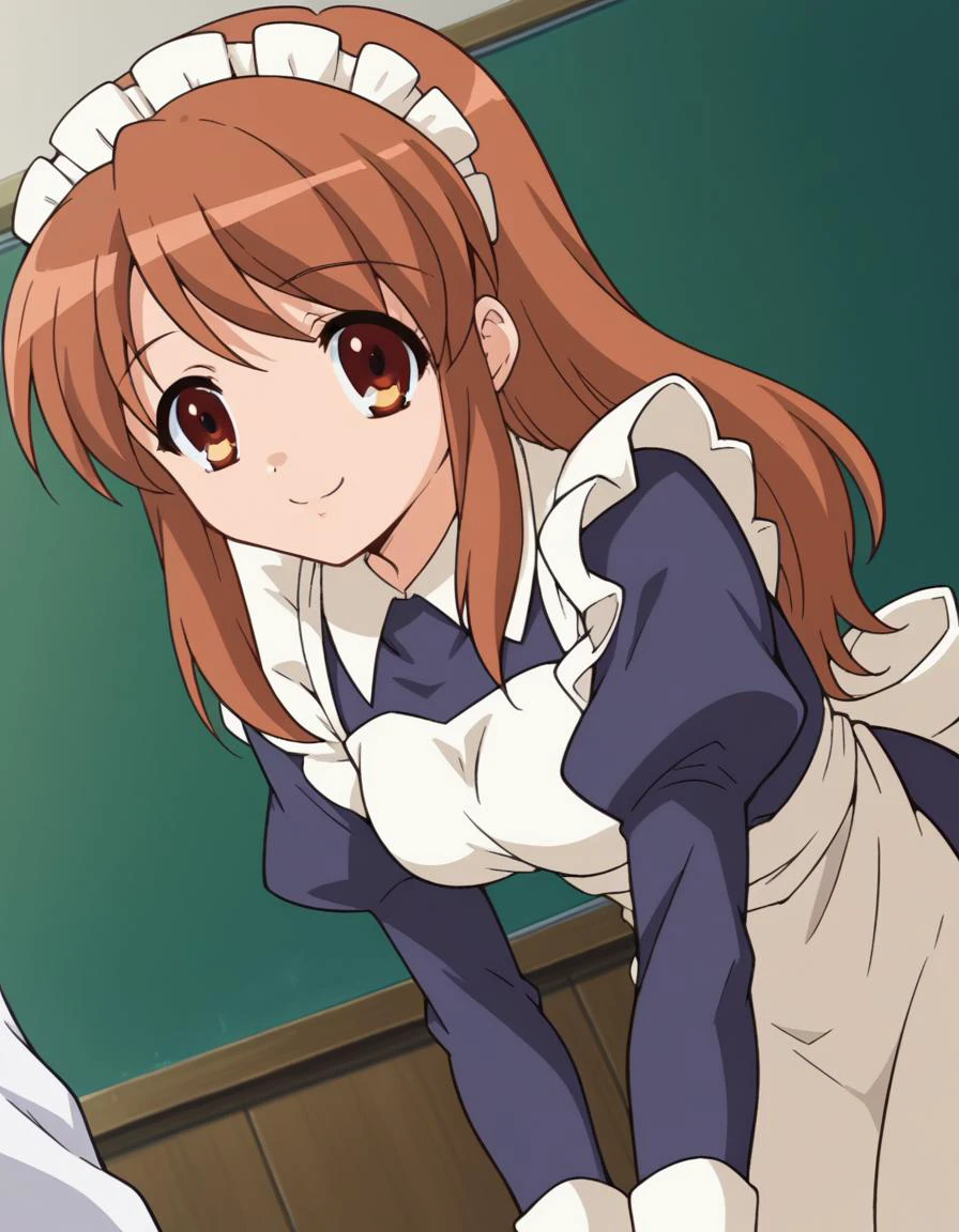 score_9, score_8_up, score_7_up, source_anime,
mikuruasahina, <lora:mikuru-asahina-s1-ponyxl-lora-nochekaiser:1>,
mikuru asahina, long hair, brown hair, brown eyes,
long sleeves, apron, maid, maid headdress,
indoors, classroom, bent over, smile,
looking at viewer, dutch angle, cowboy shot, solo,