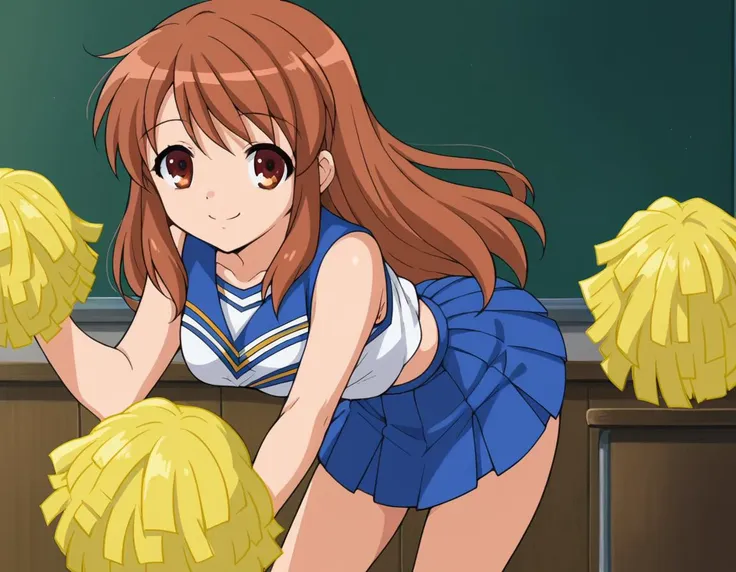 score_9, score_8_up, score_7_up, source_anime,
mikuruasahina,  <lora:mikuru-asahina-s1-ponyxl-lora-nochekaiser:1>,
mikuru asahina, long hair, brown hair, brown eyes,
skirt, pleated skirt, blue skirt, cheerleader, pom pom \(cheerleading\), sleeveless,
indoors, classroom, bent over, smile,
looking at viewer, dutch angle, cowboy shot, solo,