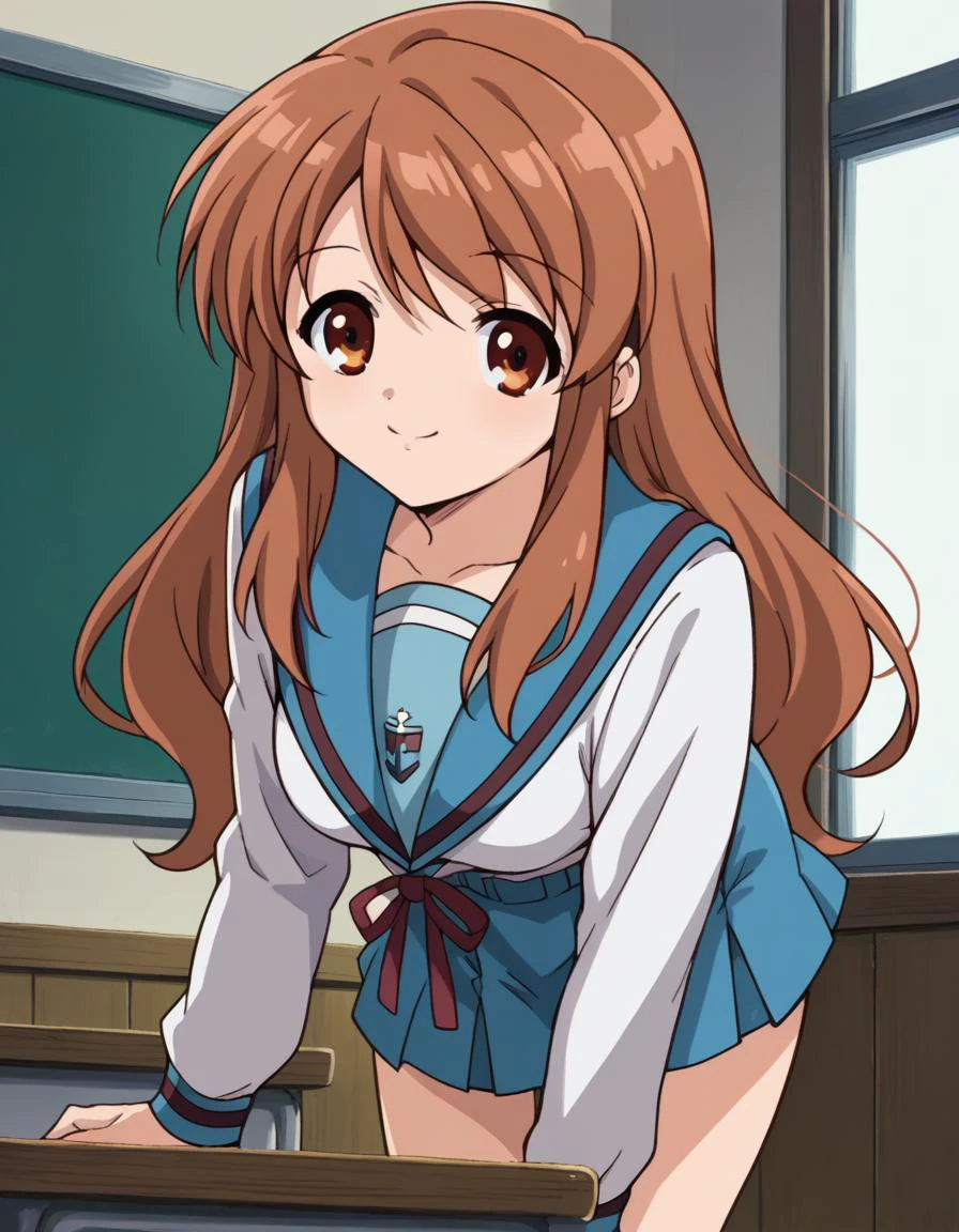 score_9, score_8_up, score_7_up, source_anime,
mikuruasahina, <lora:mikuru-asahina-s1-ponyxl-lora-nochekaiser:1>,
mikuru asahina, long hair, brown hair, brown eyes,
skirt, long sleeves, school uniform, serafuku, sailor collar, blue skirt, blue sailor collar, winter uniform, kita high school uniform,
indoors, classroom, bent over, smile,
looking at viewer, dutch angle, cowboy shot, solo,