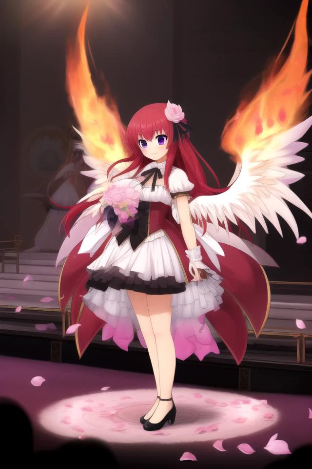 1girl,red hair,purple eyes,long hair,hair ornament,idol, (on stage:1.2), flame wings, scattered petals,
((cinematic light)), (colorful:1.2), hyper detail, dramatic light, intricate details, (best quality:1.2), highly detailed,Anime, Moe, illustration, (wallpaper, masterpiece, best quality, ultra-detailed, best shadow),(beautiful detailed face, beautiful detailed eyes), high contrast, (best illumination, an extremely delicate and beautiful),
<lora:cattleya(flower_knight_girl):1.0>