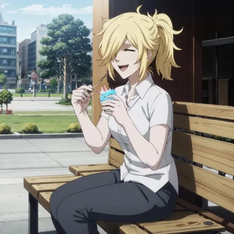 masterpiece,high quality,ultra high definition,solo,
<lora:Schokolade001:0.7>,looking at viewer,open mouth,smile,
Schokolade,1woman,hair over one eye,ponytail,closed eyes,
shirt,pants,
park,bench,sit,eat shaved ice,