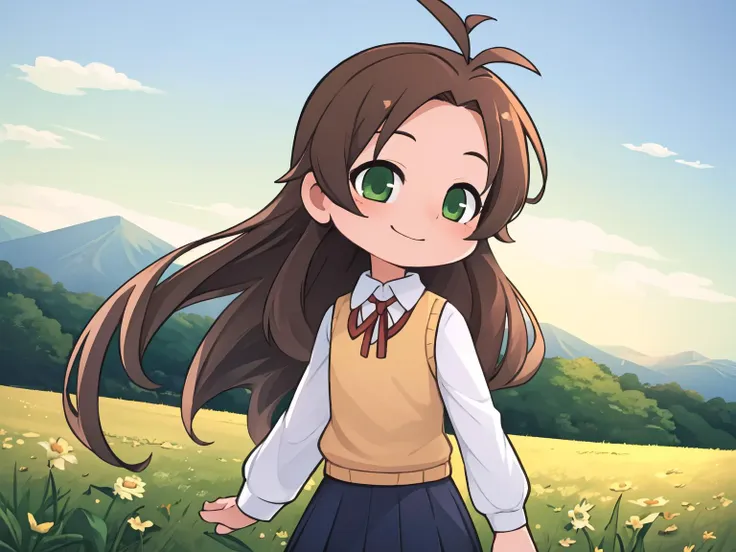 masterpiece, best quality,
field, summer, wind, visible air, landscape,
1girl, solo, cowboy shot, (smile:0.6), (facing away:1.2),
standing, koshigaya komari,
brown hair, long hair, antenna hair, green eyes,
sweater vest, white shirt, neck ribbon, pleated skirt,,
<lora:KomaSP_V1.0:0.7>