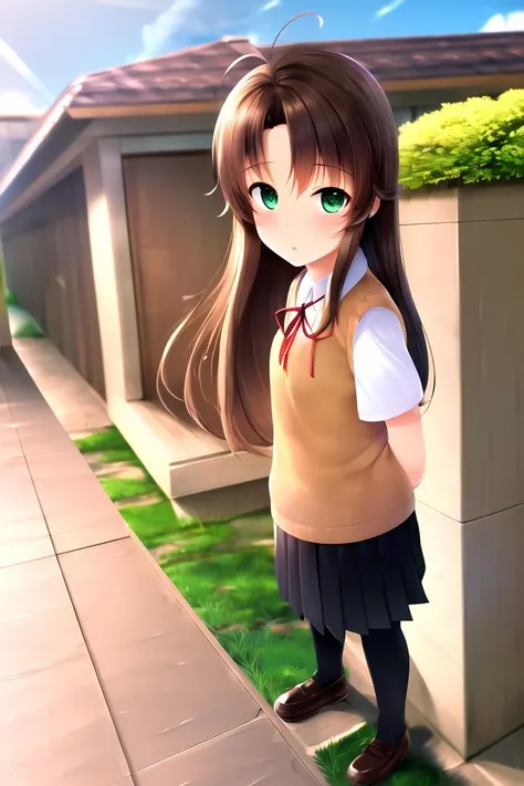(masterpiece, best quality, detailed), <lora:KomaSP:1>, 1girl, solo, koshigaya komari, brown hair, long hair, antenna hair, green eyes, school uniform, sweater vest, white shirt, red ribbon, neck ribbon, pleated skirt, white socks, brown footwear, full body, white, outdoors, village, day, sky