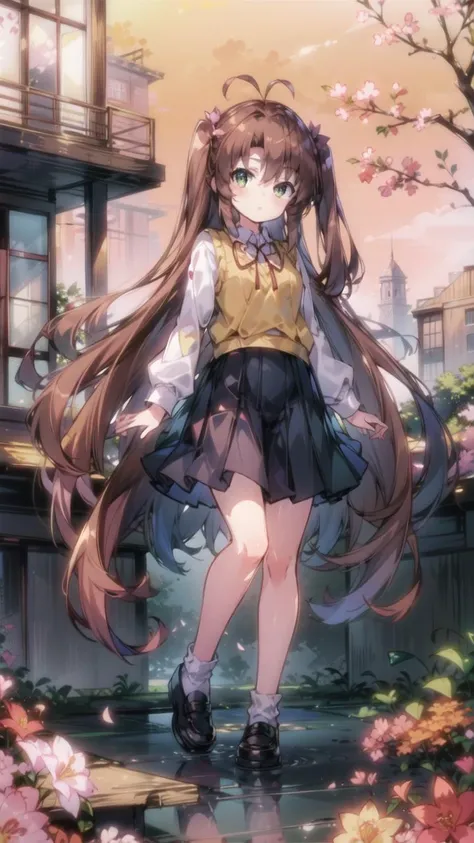 (1girl:1.2), gradient hair, countryside, cityscape, Sunshine, Flowers and plants, Blue Sky, Glass window, Scenery, Light perception, Soft sunshine, green eyes, two side up, brown hair, long hair, school uniform, yellow sweater vest, white shirt, dark blue skirt, antenna hair, ribbon, (masterpiece, top quality, best quality, official art, beautiful and aesthetic:1.2), extreme detailed, colorful, highest detailed, <lora:add_detail:0.3>, ultra high res, visually stunning, gorgeous, abstract art, extremely detailed wallpaper, multicolored background, full body, water, building, landscape, skyline, rural, tree shade, outdoors, (cosmic beauty, colorful hair:1.2), light reflection, glass, warm color, pink background, orange and pink, cherry blossoms,
<lora:KomaSP:0.5>, <lora:komachan:0.1>, <lora:komari-000015:0.3>, <lora:komachan_v3.0-000010:0.3>, <lora:KomachanMix-000006:0.3>,