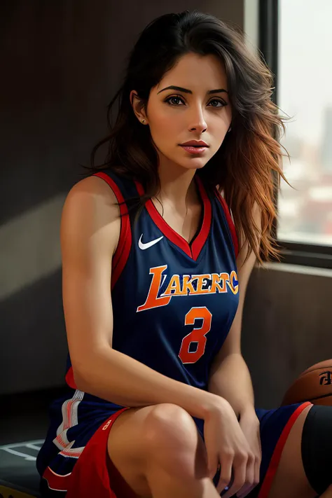 photo of (s4r4hsh4hi:0.99), a woman as a sexy basketball player, ((perfect hair)), modelshoot style, (extremely detailed CG unity 8k wallpaper), photo of the most beautiful artwork in the world, professional majestic oil painting by Ed Blinkey, Atey Ghailan, Studio Ghibli, by Jeremy Mann, Greg Manchess, Antonio Moro, trending on ArtStation, trending on CGSociety, Intricate, High Detail, Sharp focus, dramatic, photorealistic painting art by midjourney and greg rutkowski, (basketball_uniform:1.2), (basketball shorts:1.2), (sneakers), (on the basketball_court ), (( dribbling_\(basketball\) )), (basketball), ((in a basketball stadium )), (( crowd sitting on the bleachers )), (basketball game), (looking at viewer), (detailed pupils:1.3), (modern outfit:1.2), (closeup), colourful lips, (eye shadow), dimly lit, rim light, 2tone light, <lora:epiNoiseoffset_v2:1>