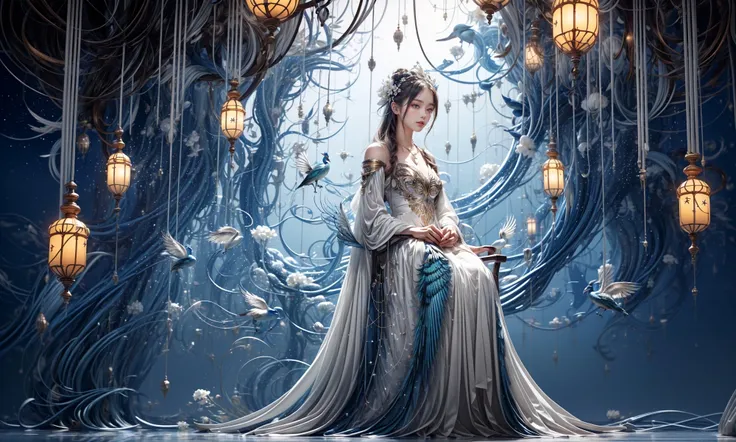 best quality, ultra-detailed, realistic, art nouveau, oil painting, vibrant colors, soft lighting, luxurious atmosphere, intricate lace details, flowing floral patterns, delicate see-through fabric, ornate armoured dress, the girl is seated on a velvet chair, she is looking directly at the viewer with a smug grin on her face.
