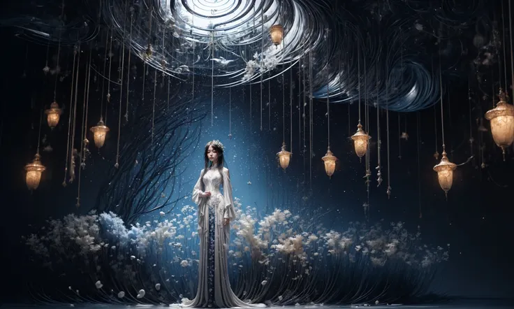 masterpiece,best quality,official art,extremelydetailed cg 8k wallpaper,SurrealismA mature face(realistic: 1.3) (mixed Korean),(Kpop idol), (Peacock:1.3)(Black background, night, starry sky, shooting stars across the sky:1.5)sitCrossed legs, sitting on chair, crossed legs, 
((only water)), Clear and turquoise sky, Water as smooth as a mirror, petal, There are clouds where water and sky connect, (Colorful clouds), depth of field, beautiful detailed sky,
Cyan sky, beautiful detailed cloud, beautiful detailed water, reflection pool, dynamic angle, floating, finely detail, (bloom), (shine), glinting stars,  feather,nature,(sunlight), fairyland
(1girl, solo:1.5),(Eye contact:1.2)(white hair:1.1)( absurdly long hair:1.5), hair accessories, (full body:1.7), (Slim body:1.1)(long legs:1.3),
Blue and white Hanfu with flowing sleevesnecklace,Chinese style clothes,Chinese Han clothing,(flying petals),upper body,arms behind back,
(detailed ice),crystalstexture skin,cold expression,white hair,long hair,messy hair,blue eye, looking at viewer, extremely delicate and beautiful,water,((beauty detailed eye)),highly detailed,cinematic lighting,((beautiful face)), fine water surface,(original figure painting),ultra-detailed,incredibly detailed,(an extremely delicate and beautiful), beautiful detailed eyes.
Background: Chinese architecture flower and bird Tower beautiful lake(best quality)   miniature   bonsai
A shot with tension(Visual impact,giving the poster a dynamic and visually striking appearance:1.2),Chinese Zen style,impactful picture,  <lora:~Q?-YG^{fo:0.8>