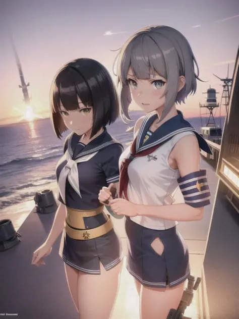 anime style, gta 5, panoramic view of shipgirl, searchlights in background, sailor clothing, short hair, hair down, symmetrical facial features, from arknights, hyper realistic, 4k, extreme detail, detailed drawing, trending artstation, hd, d&d, realistic lighting, by alphonse mucha, greg rutkowski, sharp focus, backlit