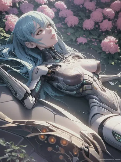 Ultra realistic, dead woman robot lying in flower garden, cyberpunk, sci-fi, fantasy, intricate, elegant, highly detailed, digital painting, artstation, concept art, smooth, sharp focus, illustration, art by artgerm and greg rutkowski and alphonse mucha