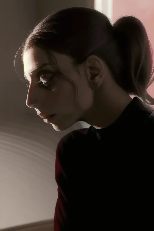 lora_sarafyan_girl, <lora:lora_sarafyan_girl_01:1>, a woman in a scarlet sweater and with a ponytail bunt, profile, medium shot,