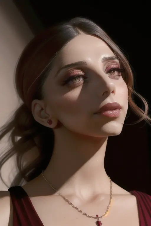 lora_sarafyan_girl, <lora:lora_sarafyan_girl_01:1>, a woman with a red dress and a necklace, burgundy color eyeshadows, with symmetrical facial features, medium closeup,