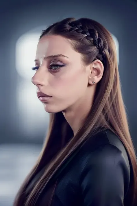 lora_sarafyan_girl, <lora:lora_sarafyan_girl_01:1> , a woman with long hair and a black dress, cynical face, long chin, long braided hair on top of head, condescending, photo from the side, wearing eye shadow, cold, suspicious, slight smirk, envious, disgusted, skeptical,