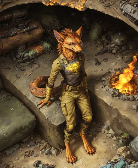 (solo, anthro, male, full length portrait:1.2), (detailed background:1.2), (night stalker \(fallout\):1.2), <lora:NightstalkerFRL22nO:1.1> long tail, fluffy, hybrid, (snake:1.2), (mane:1.1), ((wide hips, thick thighs, girly), belly:1.0), (long snout:1.2), (scales:1.1), by difetra, by kenket, shaded, outline, traditional media \(artwork\), (digitigrade:1.2), (sitting with elbows on knees:1.2), (fully clothed, superhero, outfit:1.3), (post-apocalyptic:1.1), (wasteland:1.1), (nuclear technology,underground tunnel,rubble,aviator glasses:1.2), colorful, (realistic, :1.3) (high-angle view:1.2), (Volcanic landscape with rivers of molten metal and fiery fauna., Central Point, Chromatic, backlight:1.1)