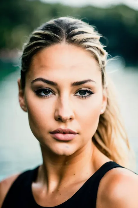 RAW, real photo portrait, mdc, on a boat, (wearing a wet black t-shirt), pretty face, insanely detailed eyes, light blonde hair, high ponytail, bokeh, natural light, depth of field, golden hour, sharp focus,<lyco:MadelynCline-RealVision-V1.0:1.0>