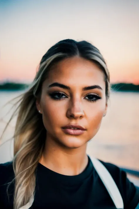 RAW, real photo portrait, mdc, on a boat, (wearing a wet black t-shirt), pretty face, insanely detailed eyes, light blonde hair, high ponytail, bokeh, natural light, depth of field, golden hour, sharp focus,<lyco:MadelynCline-RealVision-V1.0:1.0>