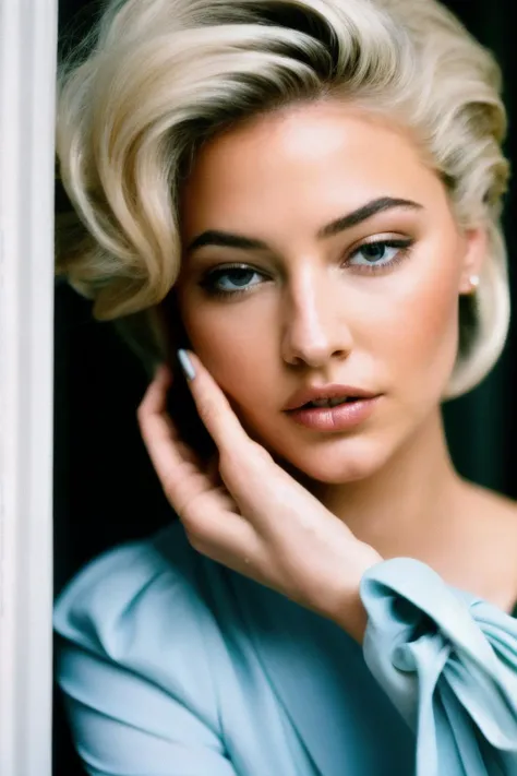 photoshoot of mdc, (blonde hair), detailed skin texture, (blush:0.2), (goosebumps:0.3), (light blue dress), subsurface scattering, Photorealistic, Hyperrealistic, Hyperdetailed, analog style, hip cocked, demure, detailed skin, matte skin, soft lighting, subsurface scattering, realistic, heavy shadow, masterpiece, best quality, ultra realistic, 8k, golden ratio, Intricate, High Detail, film photography, soft focus,<lyco:MadelynCline-RealVision-V1.0:1.0>