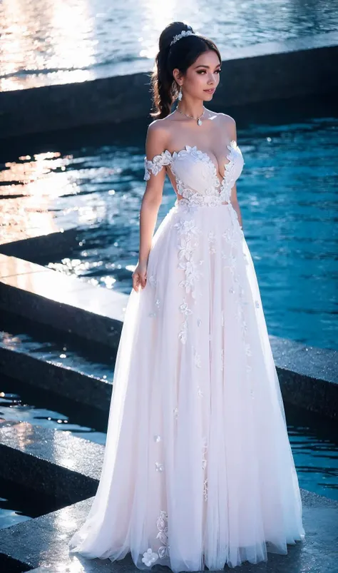 (realistic: 1.3), masterpiece, best quality, clear face, far shot, front light, look at viewer, 1girl, ((Sapphire glowing pupils)), dancing, with a huge diamond necklace that is so big that it covers the chest, front view, ((with black ponytail)), ((big warm grin)), wearing a white off-shoulder wedding dress with flower-shaped lace and with pearl embellishments standing on a stone staircase by water, very small breast, glowing white shiny skin, posing for a picture, golden hour, Mottled light and shadow <lora:koreanDollLikeness_v15:0.2> <lora:WeddingDressEXv0.4:1>