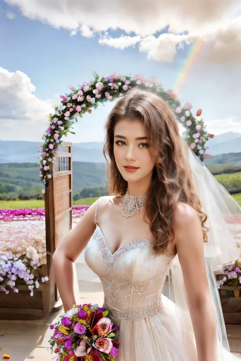 (8k, RAW photo, best quality, masterpiece:1.2, realistic, ),1girl, 20 years old, smile, <lora:ThaidollArunee_v1A:0.8>, see-through wedding dress, , (two Hand holding a bouquet of flowers:1.5), (flower arch:1.3), head flowers, (flower petals flying:1.4) , (cloud:1.2), (sky background:1.3), morning light, god rays, Faint mist, lace details , <lora:neg4all_bdsqlsz_V3.5:1>, Fingers lined up nicely, perfect finger, perfect hand, elegant, indicated, (wind:1.5) , <lora:yhweddingdressV0.1:0.8>, champagne, rain bow on sky,