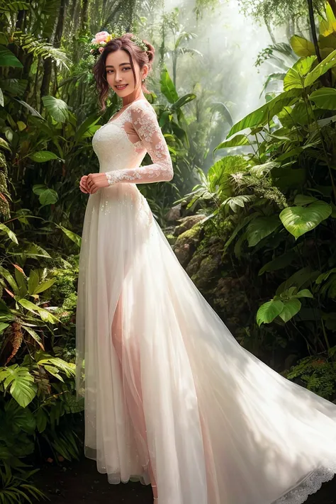 realistic, masterpiece, best quality, clear face, far shot, front light, 1girl, very small breast, with a huge diamond necklace, front view, with pink short ponytail, big warm grin, wearing a white tulle suspender wedding dress with flower-shaped lace and pearl embellishments and a long sleeve standing in the Rainforest, , posing for a picture, mottled light and shadow <lora:koreanDollLikeness_v15:0.2> <lora:WeddingDressEXv0.4:0.7>