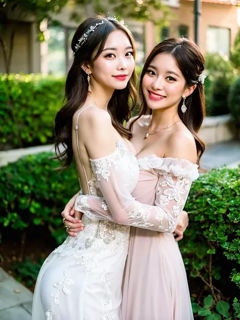 A bride and her bridesmaid embracing happily at a joyous wedding. The bride wearing a white tulle suspender wedding dress with flower-shaped lace and pearl embellishments and a long sleeve. The bridesmaid wearing a pink backless and low-cut dress. they are both beautiful busty woman, masterpiece, best quality, ultra high res, 8k, (photorealistic:1.4), (((2girl))), (different face:1.1), girl love, (hugging:1.1), diamond necklace, drop earrings, off-shoulder, wedding dress, jewelry, brown hair, braid, makeup, happy face, (medium breast:1.2), hourglass body shape, golden hour, garden wedding venue, flowers, mottled light and shadow, the happiest moment in life <lora:weddingDressExtension_weddingdressexv04:0.7> <lora:Japanese-doll-likeness:0.3> <lora:Taiwan-doll-likeness:0.3>