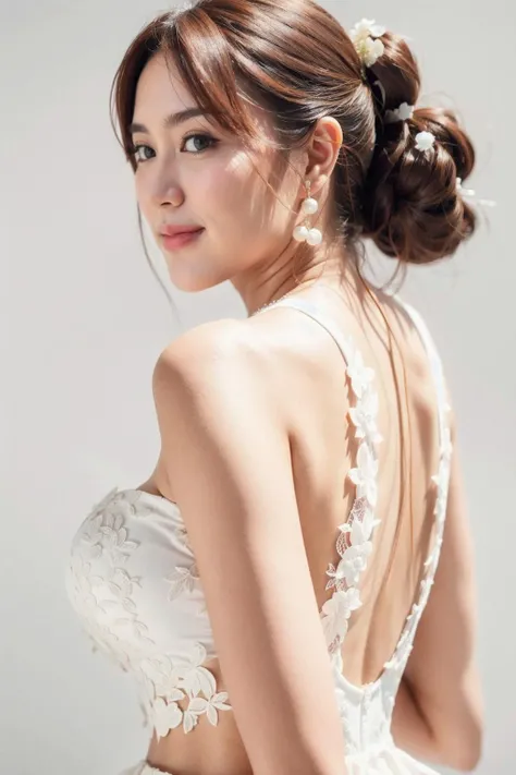1girl, medium hair, large breasts, with a huge diamond necklace, front view, with pink short ponytail, wearing a white tulle suspender wedding dress with flower-shaped lace and pearl embellishments, (isolated on white background:1.4), back view + with her back to the viewer, <lora:weddingdressex0.3:0.7>,, best quality, ultra high res, (photorealistic:1.4), masterpiece, real life skin, hyper real, Depth of field, perspective, detailed beautiful eyes and detailed face,