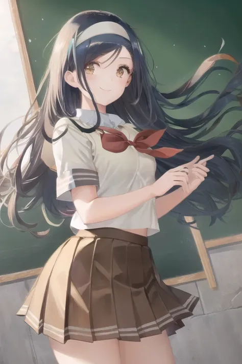 <lora:fumin-000008:1>,((masterpiece,best quality, detailed)), ultra-detailed, detailed hair,cowboy shot, (1girl:1.2), solo,( long hair:1.3), (floating hair:1.2), (smile:1.1),medium breasts,white headband, standing, fantasy,(school uniform:1.5) ,<lora:pastelMixStylizedAnime_pastelMixLoraVersion:0.6>