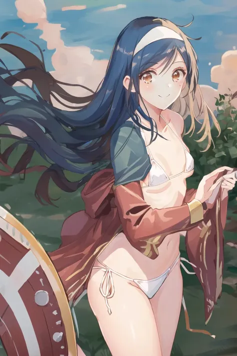 <lora:fumin-000008:1>,((masterpiece,best quality, detailed)), ultra-detailed, detailed hair,cowboy shot, (1girl:1.2), solo,( long hair:1.3), (floating hair:1.2), (smile:1.1),medium breasts,white headband, standing, fantasy,(string bikini:1.3) ,<lora:pastelMixStylizedAnime_pastelMixLoraVersion:0.8>