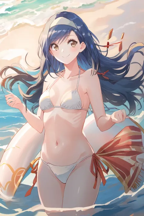<lora:fumin-000008:1>,((masterpiece,best quality, detailed)), ultra-detailed, detailed hair,cowboy shot, (1girl:1.2), solo,( long hair:1.3), (floating hair:1.2), (smile:1.1),medium breasts,white headband, standing, (string bikini:1.3) ,<lora:pastelMixStylizedAnime_pastelMixLoraVersion:0.8>