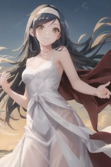 <lora:fumin-000008:1>,((masterpiece,best quality, detailed)), ultra-detailed, detailed hair,cowboy shot, (1girl:1.2), solo,( long hair:1.3), (floating hair:1.2), (smile:1.1),medium breasts,white headband, standing, (evening gown:1.3),<lora:pastelMixStylizedAnime_pastelMixLoraVersion:0.6>