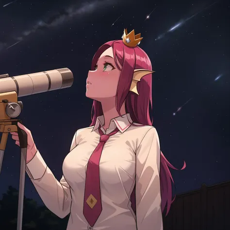 (masterpiece, best quality:1.1), (miranda:1.1), (1girl:1.05), solo, crown, breasts, jewelry, head fin, collared shirt, necktie, looking up, forlorn, outdoors, observatory, telescope, stars, sky, night sky