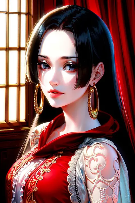 ultra realistic 8k cg, masterpiece, ((ultra detailed background, delicate pattern, intricate detail, highly detailed, fine details best quality, hyperdetailed face)), (photorealistic:1.4),beautiful lighting, absurdres, RAW photo, film grain, BoaHancockV2, 1girl, solo, black hair, long hair, jewelry, closed mouth, (((medium breasts, slim girl))), (red cape, cape, dress, black eyes, earrings, complex detailed background, inside, castle room environment, medieval castle, gray walls, window, bookshelf), ((close-up, portrait)), <lora:BoaHancockV2:0.8>