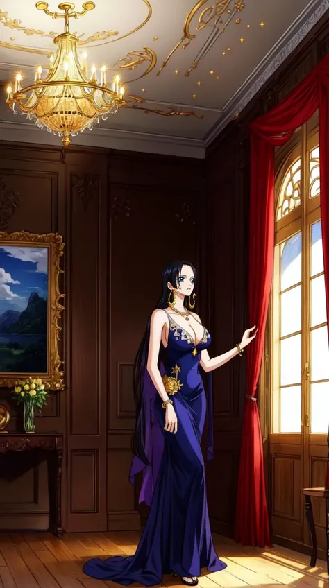 BoaHancockV2,1girl,dark blue eyes,black hair,long hair, big breast,jewelry,golden snake earrings,<lora:BoaHancockV2:0.7>, an illustration in the art-style of <lora:wanostyle_2_offset:0.8>,(wanostyle),One Piece,Eiichiro Oda,Toei Animation,((Masterpiece)),(best quality:1),(highly detailed:1),, Colourful Dress, Cleavage,Long Dress,European Dress,Jewelry,Rings,Necklace,Princess Dress, best quality, masterpiece, hires, original, extremely detailed wallpaper, perfect lighting,(extremely detailed CG:1.2),8k,intricate detail,trending on artstation,digital art,, Ballroom,European Ballroom,Chandelier,Big Castle windows,decorated walls,colourful hall, <lora:add_detail:0.5>,detailed,8k,