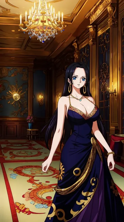 BoaHancockV2,1girl,dark blue eyes,black hair,long hair, big breast,jewelry,golden snake earrings,<lora:BoaHancockV2:0.7>, an illustration in the art-style of <lora:wanostyle_2_offset:0.8>,(wanostyle),One Piece,Eiichiro Oda,Toei Animation,((Masterpiece)),(best quality:1),(highly detailed:1),, Colourful Dress, Cleavage,Long Dress,European Dress,Jewelry,Rings,Necklace,Princess Dress, best quality, masterpiece, hires, original, extremely detailed wallpaper, perfect lighting,(extremely detailed CG:1.2),8k,intricate detail,trending on artstation,digital art,, Ballroom,European Ballroom,Chandelier,Big Castle windows,decorated walls,colourful hall, <lora:add_detail:0.5>,detailed,8k,