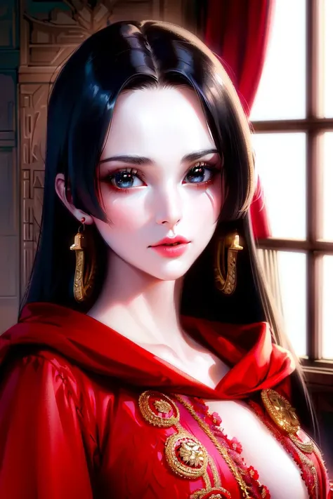 ultra realistic 8k cg, masterpiece, ((ultra detailed background, delicate pattern, intricate detail, highly detailed, fine details best quality, hyperdetailed face)), (photorealistic:1.4),beautiful lighting, absurdres, RAW photo, film grain, BoaHancockV2, 1girl, solo, black hair, long hair, jewelry, closed mouth, (((medium breasts, slim girl))), (red cape, cape, dress, black eyes, earrings, complex detailed background, inside, castle room environment, medieval castle, gray walls, window, bookshelf), ((close-up, portrait)), <lora:BoaHancockV2:0.8>