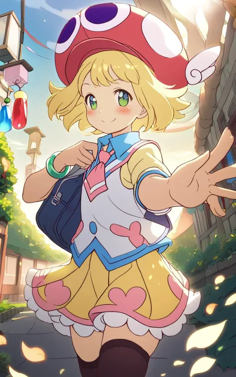 <lora:sdxl-py-amitie:0.7> 1girl amitie, cute, green eyes, blonde hair, short hair, bracelet, jewelry, hat,Blushing, reaching out, cowboy shot, looking ahead, warm light sunset, rays light sparkles lens flare deep shadows, depth of field peerless scenery sentimental, school uniform , white vest , sky blue necktie , thighhighs, lowfers, school bag, extremely quality extremely detailed, illustration, cute anime face cinematic lighting, Wind Chime Exhibition