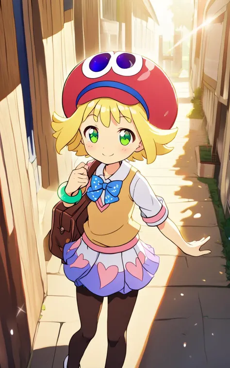 <lora:sdxl-py-amitie:0.7> 1girl amitie, cute, green eyes, blonde hair, short hair, bracelet, jewelry, hat,kind smile, , Establishing Shot, looking at another, warm light sunset, rays light sparkles lens flare deep shadows, depth of field peerless scenery sentimental, school uniform , brown vest , starry print bowtie , pantyhose, lowfers, school bag, extremely quality extremely detailed, illustration, cute anime face cinematic lighting, Travel Expo