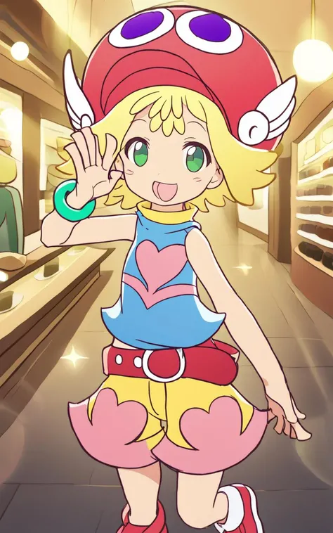 <lora:sdxl-py-amitie:1> 1girl amitie, cute, green eyes, blonde hair, short hair, bracelet, jewelry, hat, skyblue shirt sleeveless, red belt, red shoes, yellow shorts, pink heart,:D, extremely quality extremely detailed, illustration, cute anime face cinematic lighting, Department store bokeh, depth of field, strong light coming in light rays light sparkles lens flare deep shadows caustics golden hour