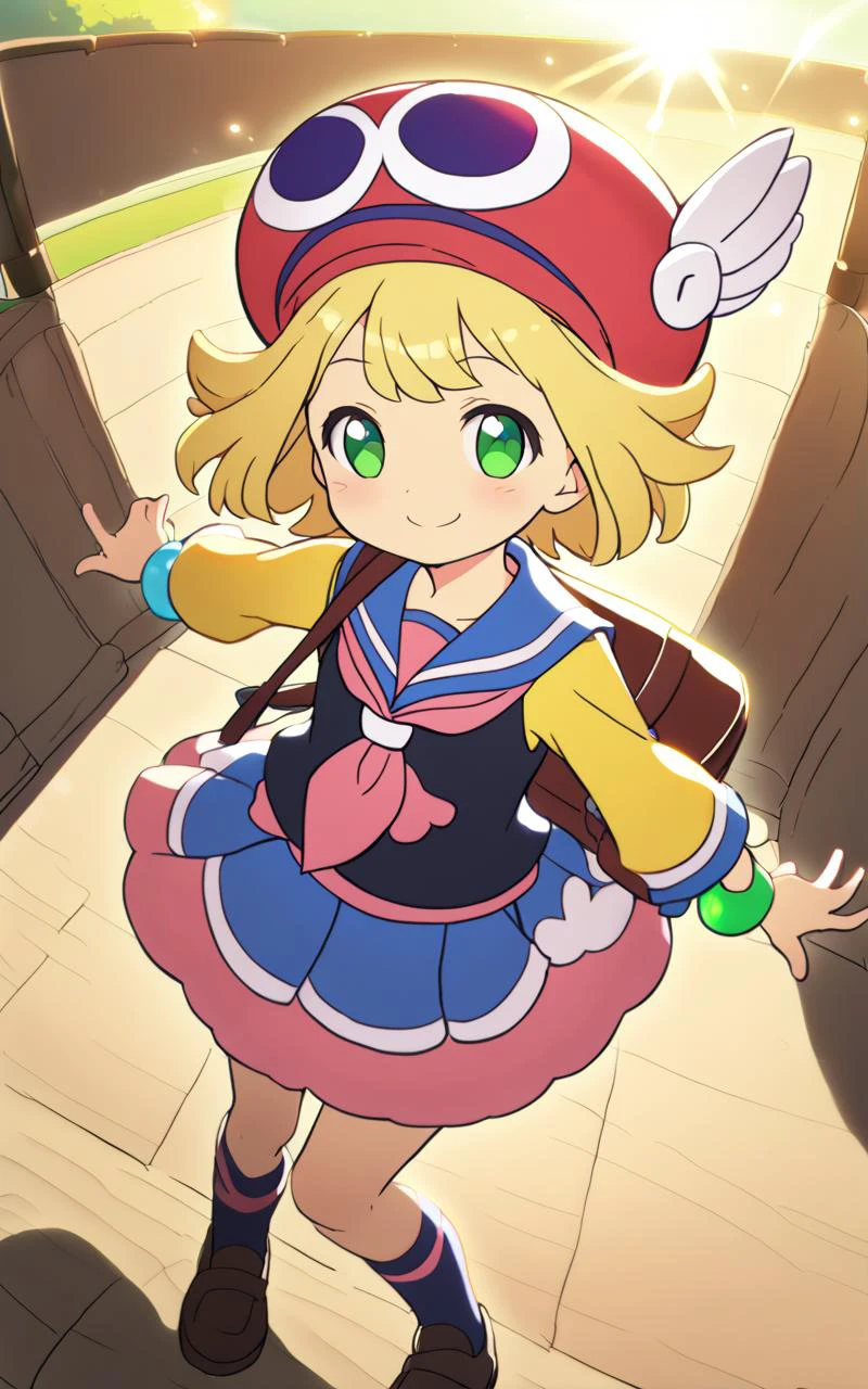 <lora:sdxl-py-amitie:0.7> 1girl amitie, cute, green eyes, blonde hair, short hair, bracelet, jewelry, hat,Buoyant Smile, From Up, full body, looking at viewer, warm light sunset, rays light sparkles lens flare deep shadows, depth of field peerless scenery sentimental, serafuku , black vest , blond necktie , high socks, lowfers, school bag, extremely quality extremely detailed, illustration, cute anime face cinematic lighting, Riding arena