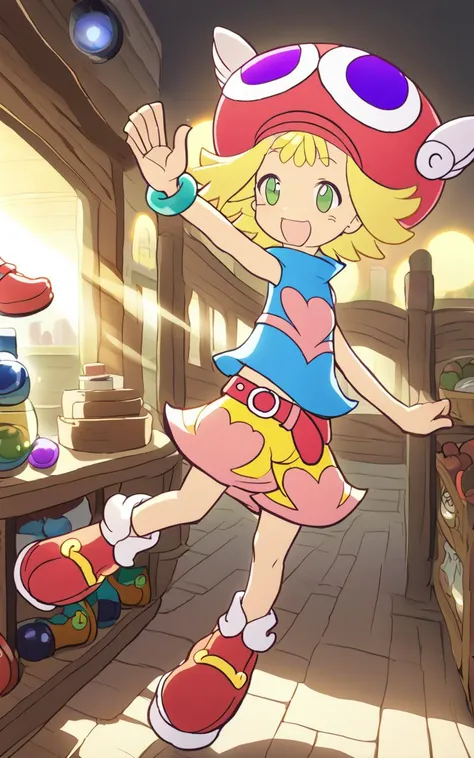 <lora:sdxl-py-amitie:1> 1girl amitie, cute, green eyes, blonde hair, short hair, bracelet, jewelry, hat, skyblue shirt sleeveless, red belt, red shoes, yellow shorts, pink heart,Rejoicing, extremely quality extremely detailed, illustration, cute anime face cinematic lighting, Shoe stall bokeh, depth of field, strong light coming in light rays light sparkles lens flare deep shadows caustics golden hour