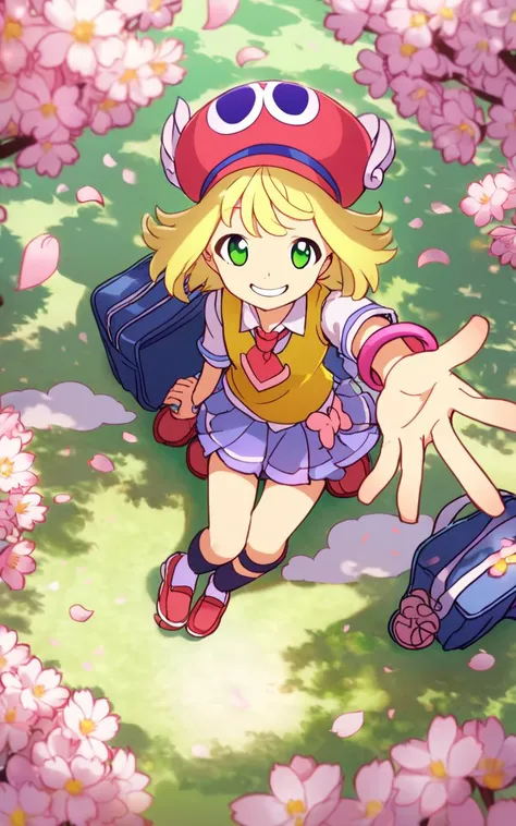 <lora:sdxl-py-amitie:0.7> 1girl amitie, cute, green eyes, blonde hair, short hair, bracelet, jewelry, hat,smirk, reaching out, wide shot from above sitting, look up to, warm light sunset, rays light sparkles lens flare deep shadows, depth of field peerless scenery sentimental, Peachland, fantastic, (cherry blossoms), park, petals, wind, school uniform , brown vest , red necktie , high socks, lowfers, school bag