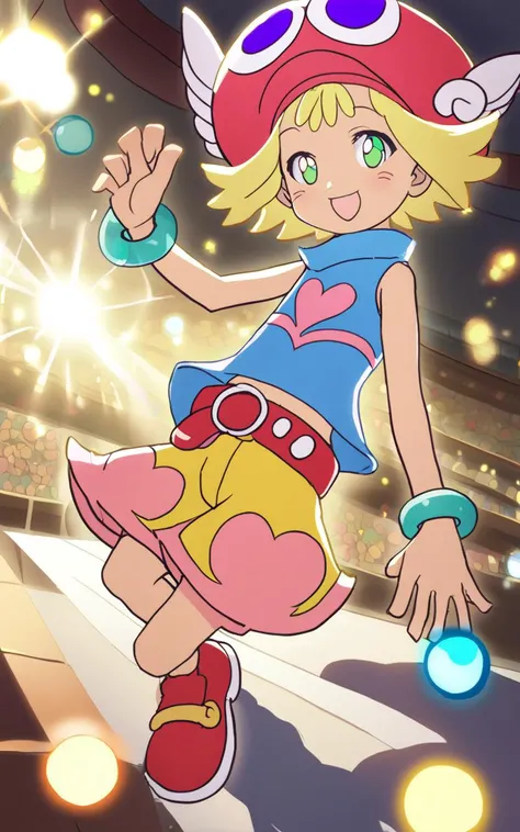 <lora:sdxl-py-amitie:1> 1girl amitie, cute, green eyes, blonde hair, short hair, bracelet, jewelry, hat, skyblue shirt sleeveless, red belt, red shoes, yellow shorts, pink heart,pupils sparkling, extremely quality extremely detailed, illustration, cute anime face cinematic lighting, Opera House bokeh, depth of field, strong light coming in light rays light sparkles lens flare deep shadows caustics golden hour