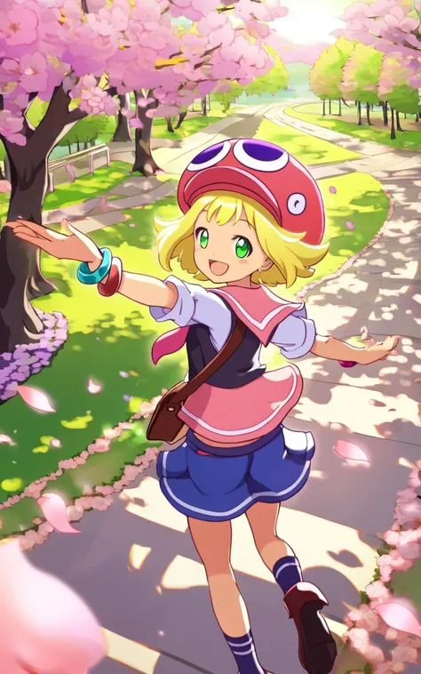 <lora:sdxl-py-amitie:0.7> 1girl amitie, cute, green eyes, blonde hair, short hair, bracelet, jewelry, hat,:D, , Birdfs Eye View, looking back, warm light sunset, rays light sparkles lens flare deep shadows, depth of field peerless scenery sentimental, Peachland, fantastic, (cherry blossoms), park, petals, wind, serafuku , black  vest , coral necktie , socks, lowfers, school bag