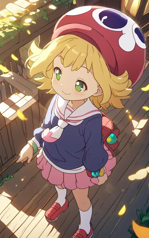 <lora:sdxl-py-amitie:0.7> 1girl amitie, cute, green eyes, blonde hair, short hair, bracelet, jewelry, hat,closed eyes smile, From a Distance, Birdfs Eye View, looking at another, warm light sunset, rays light sparkles lens flare deep shadows, depth of field peerless scenery sentimental, serafuku , black long sleeve, sweater , silver necktie , high socks, lowfers, school bag, extremely quality extremely detailed, illustration, cute anime face cinematic lighting, Ghost house