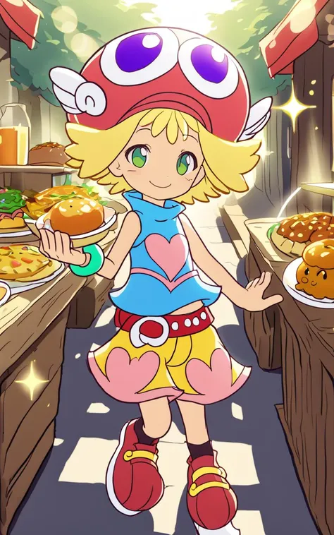 <lora:sdxl-py-amitie:1> 1girl amitie, cute, green eyes, blonde hair, short hair, bracelet, jewelry, hat, skyblue shirt sleeveless, red belt, red shoes, yellow shorts, pink heart,Rejoicing, extremely quality extremely detailed, illustration, cute anime face cinematic lighting, Open-air market bokeh, depth of field, strong light coming in light rays light sparkles lens flare deep shadows caustics golden hour