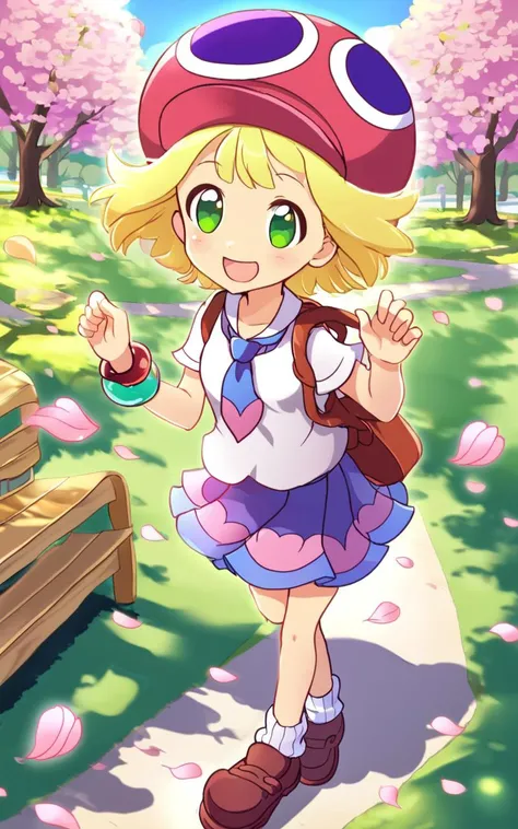 <lora:sdxl-py-amitie:0.7> 1girl amitie, cute, green eyes, blonde hair, short hair, bracelet, jewelry, hat,Gleeful, From Up, fullbody, looking ahead, warm light sunset, rays light sparkles lens flare deep shadows, depth of field peerless scenery sentimental, Peachland, fantastic, (cherry blossoms), park, petals, wind, school uniform , white  vest , gradient necktie , loose socks, lowfers, school bag