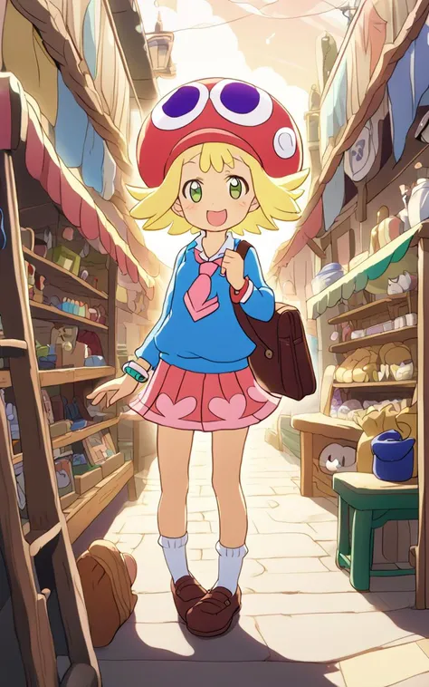 <lora:sdxl-py-amitie:0.7> 1girl amitie, cute, green eyes, blonde hair, short hair, bracelet, jewelry, hat,Giggling, bare legs soles focus, fullbody, looking ahead, warm light sunset, rays light sparkles lens flare deep shadows, depth of field peerless scenery sentimental, school uniform , navy long sleeve, sweater , gradient necktie , high socks, lowfers, school bag, extremely quality extremely detailed, illustration, cute anime face cinematic lighting, Flea Market